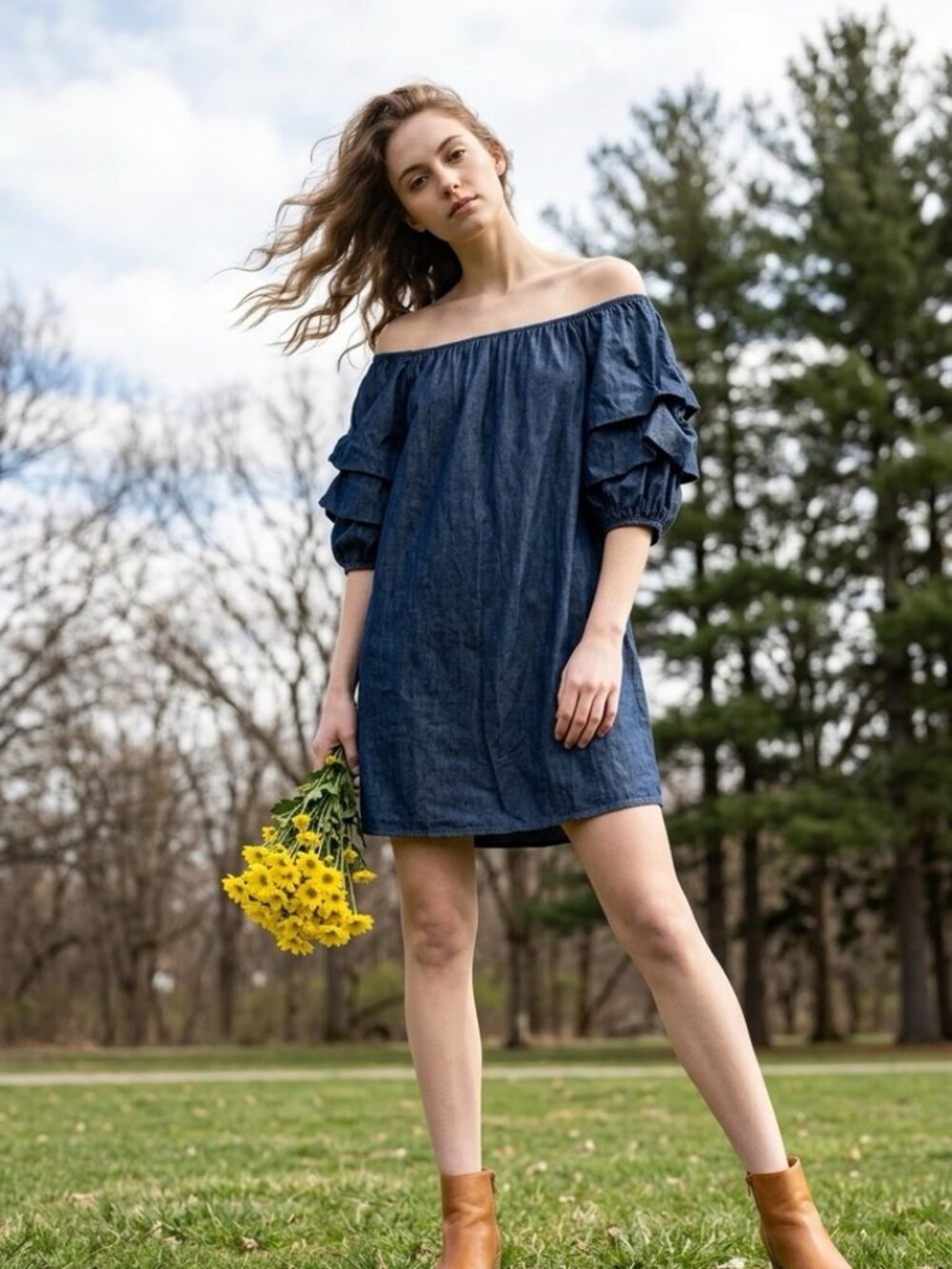 BP. Chambray Med Wash Layered Sleeve Off the Shoulder Dress Sz XXS Coastal Boho